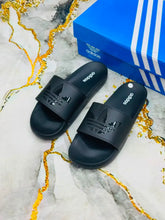 All Black Adidas Adilette Unisex Trefoil Logo Slides with black logo print