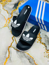 Black White Adidas Adilette Unisex Trefoil Logo Slides with white logo print