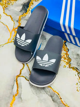  Gray Adidas Adilette Unisex Trefoil Logo Slides with white logo print