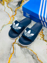 Navy Blue Adidas Adilette Unisex Trefoil Logo Slides with white logo print