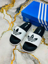 White Black strap Adidas Adilette Unisex Trefoil Logo Slides with black footbed