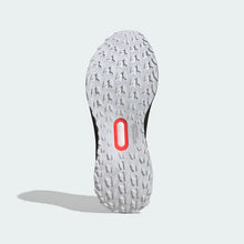 The outsole of a Grey Black Orange Adidas Ultraboost 5 TR Shoe shown from a top-down view, featuring a textured gray and white tread pattern with a prominent red accent ring around a white oval center.