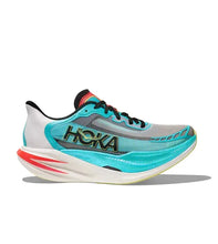 A HOKA running shoe in white, turquoise, and gray with black and red accents, shown from a side profile on a white background.