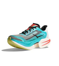 A single athletic running shoe shown in a three-quarter side view on a white background. The shoe features a gray mesh upper with vibrant turquoise overlays, a white midsole, and accents of black, red, and a pale yellow on the outsole.