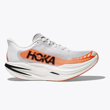 A Hoka running shoe in white and orange with black accents, shown in a side profile on a light gray background.